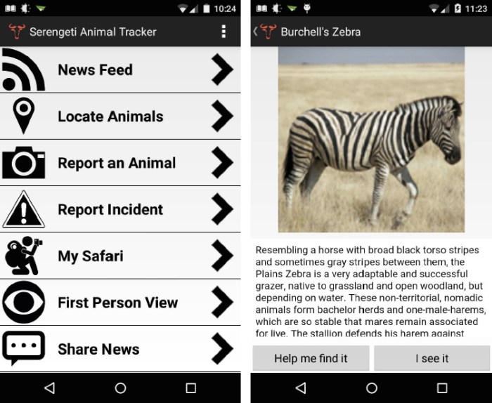 Left: Main screen of app. Right: Animal directory